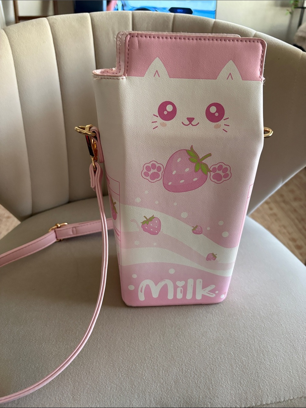Pink Strawberry Cat 'Milk' Crossbody Bag
